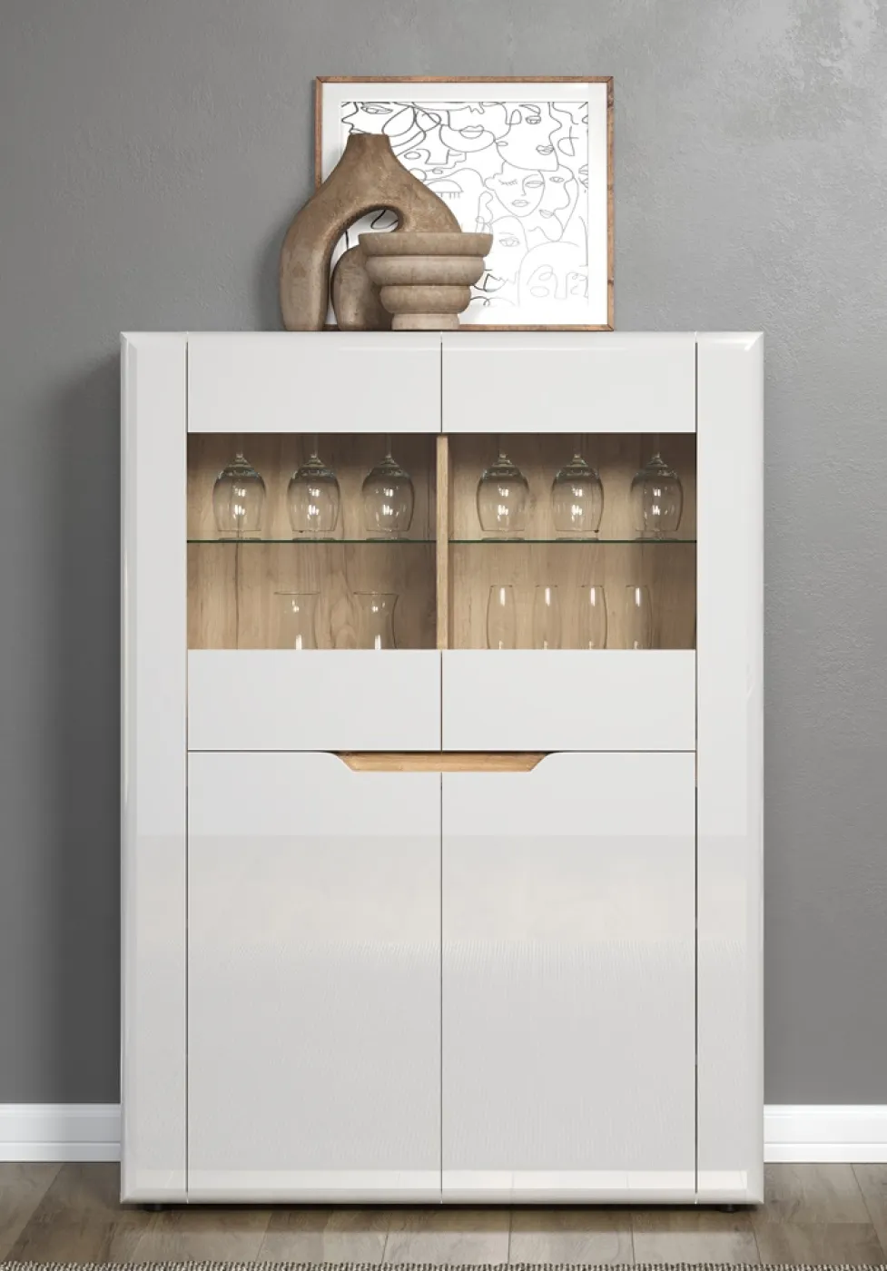 Highboard Marlon | weiß Hochglanz / Evoke Eiche