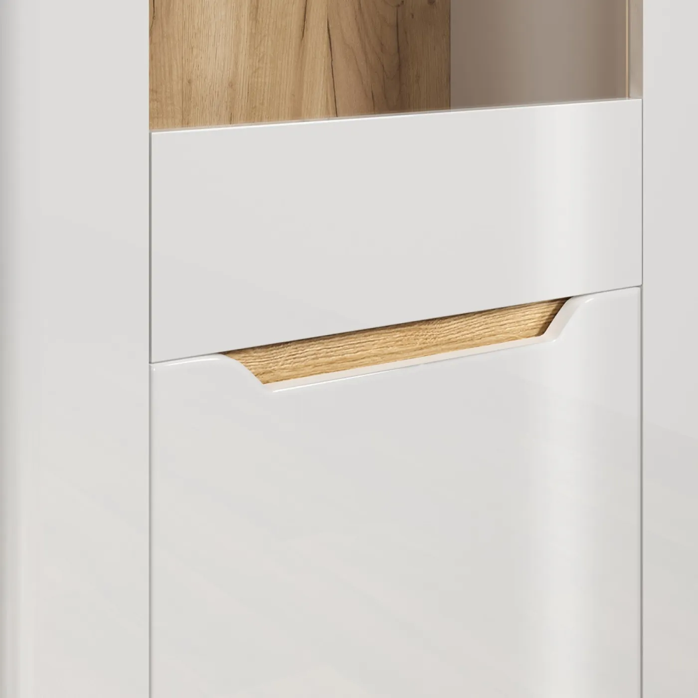 Highboard Marlon | weiß Hochglanz / Evoke Eiche mit 2er Set Glasbodenclip