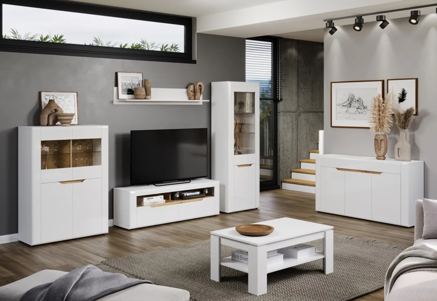 Highboard Marlon | weiß Hochglanz / Evoke Eiche mit 2er Set Glasbodenclip