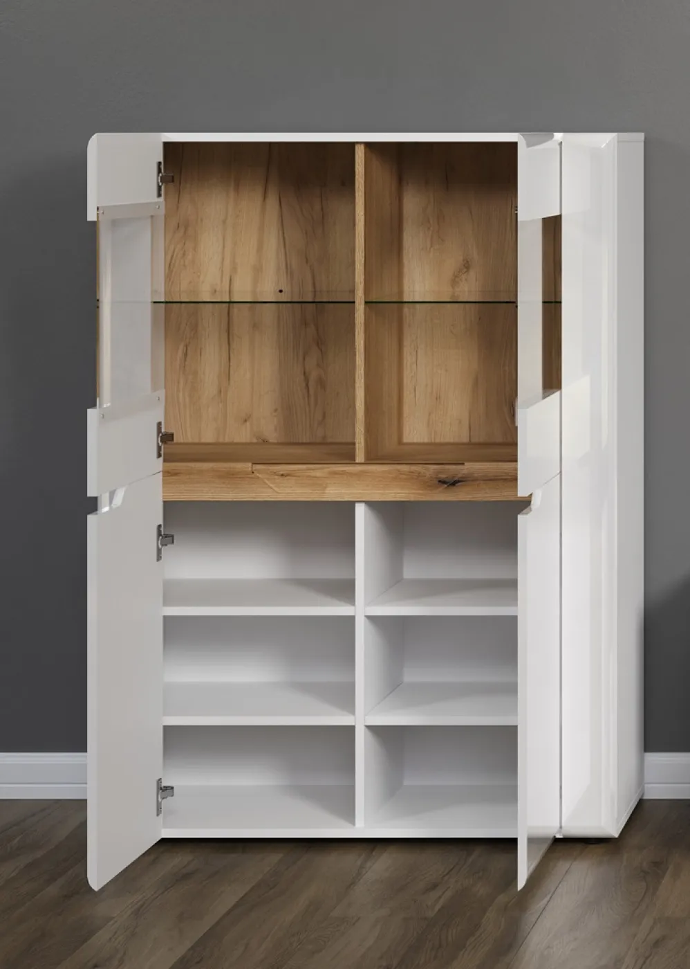 Highboard Marlon | weiß Hochglanz / Evoke Eiche ohne Beleuchtung