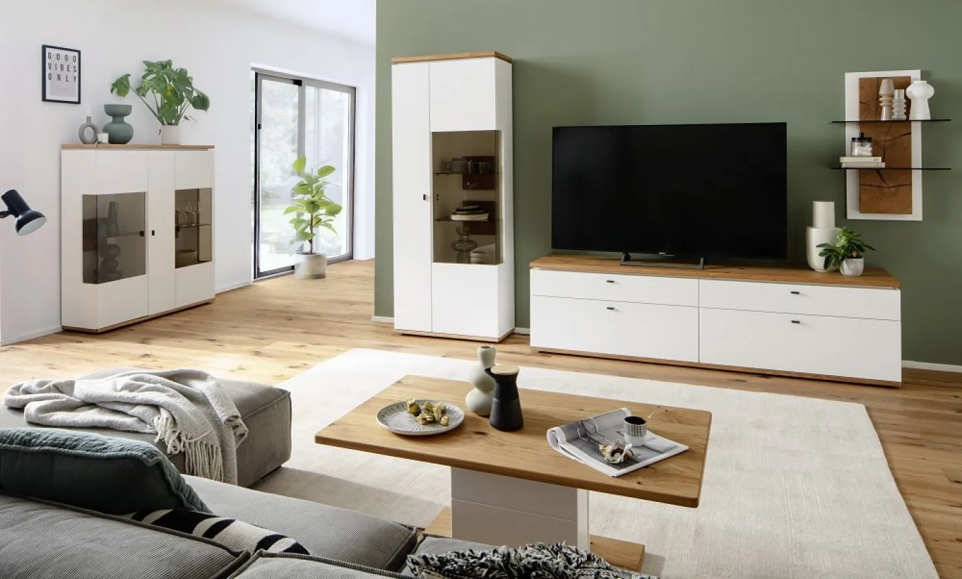 Highboard Matadi | Soft white / Ast-Balkeneiche | ohne Beleuchtung