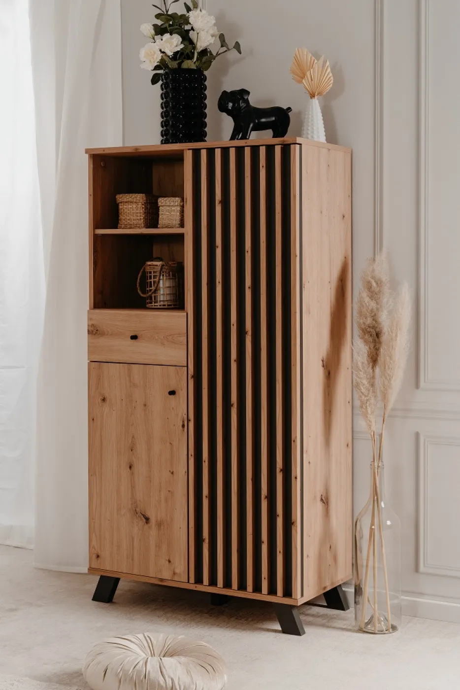 Highboard Medan | mit 3D-Lamellen | Artisan Eiche / anthrazit