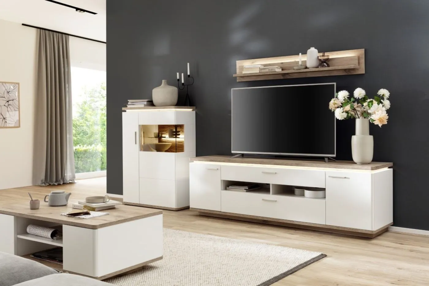 Highboard Palermo 1 | Soft white / Viking Oak | LED Beleuchtung