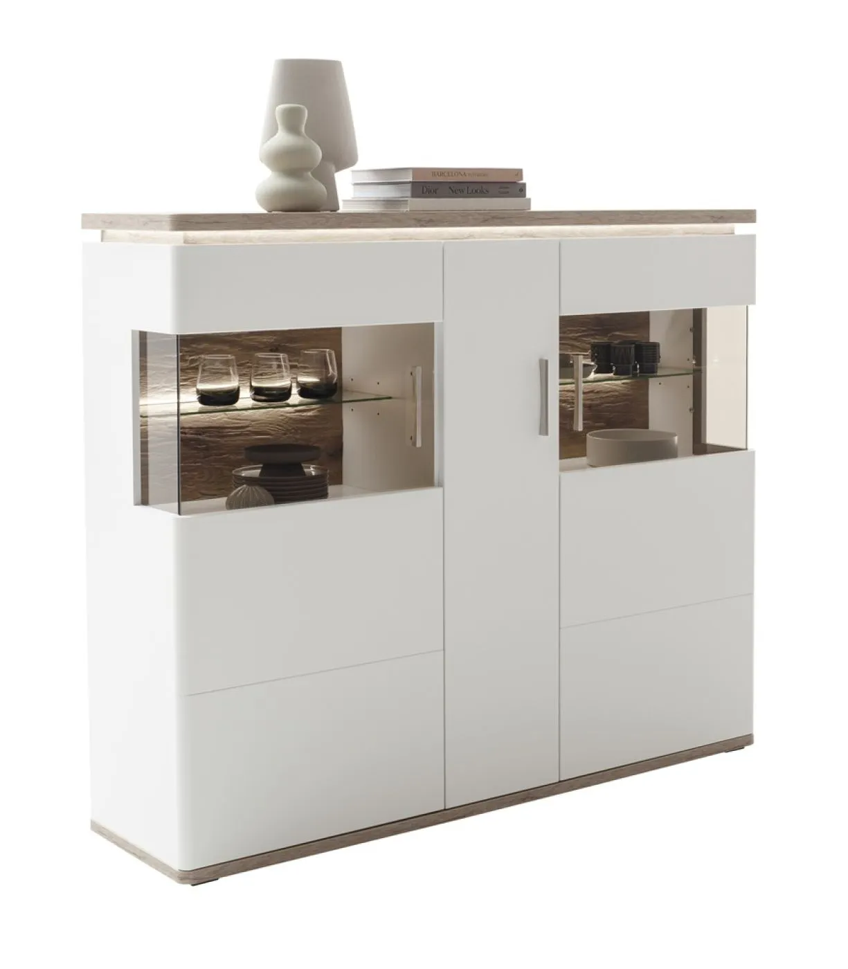 Highboard Palermo | Soft white / Viking Oak | mit Beleuchtung