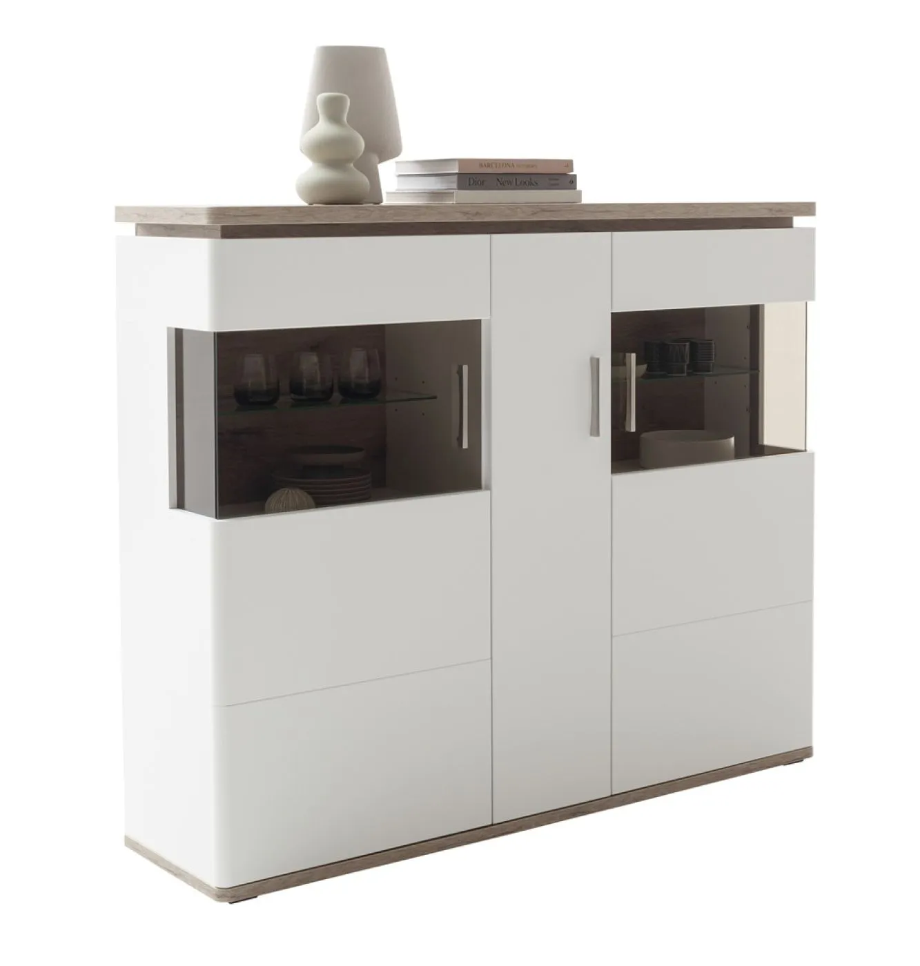 Highboard Palermo | Soft white / Viking Oak | mit Beleuchtung