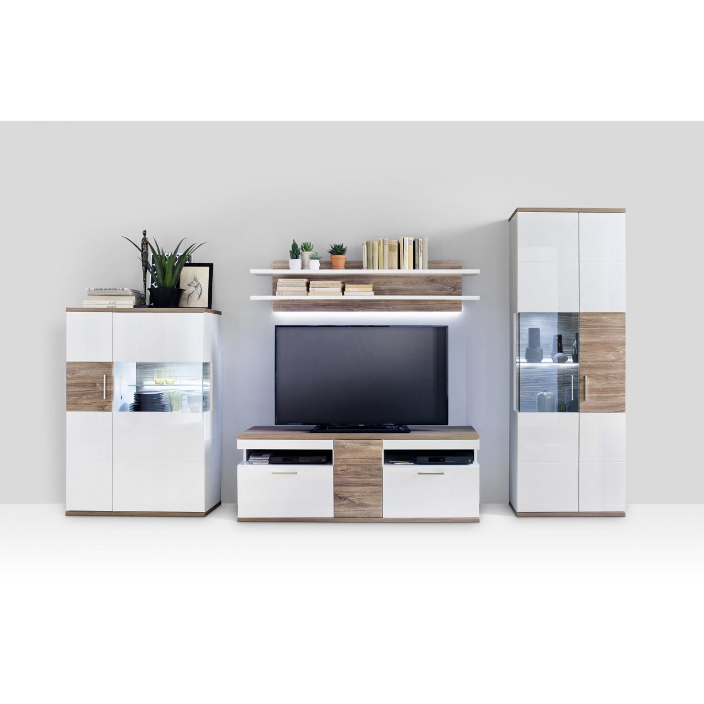 Highboard (R) Luzern | weiß Hochglanz / Sterling Oak | LED Beleuchtung