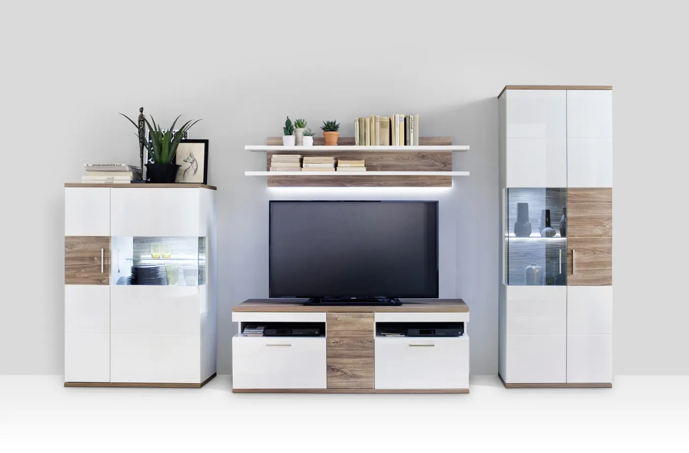 Highboard (R) Luzern | weiß Hochglanz / Sterling Oak | mit 1er Set LED Unterbauspot