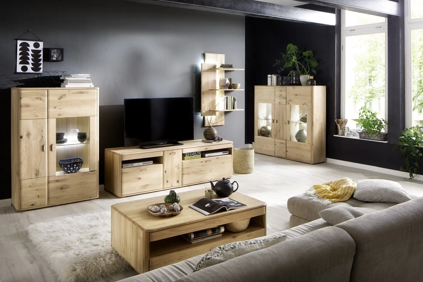 Highboard Ravello 2 | Balkeneiche Bianco | mit 2er Set LED Rückwandbeleuchtung