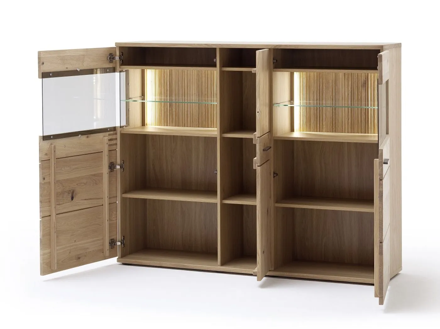 Highboard Salvador, Highboard mit 2 Glastüren oben, 3 Schubkästen in der Mitte, 2 Türen und 2 Schubkästen unten – Ansicht 2