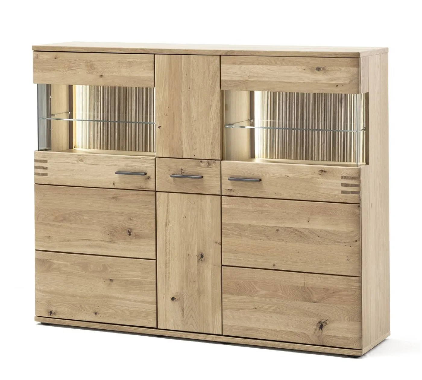 Highboard Salvador, Highboard mit 2 Glastüren oben, 3 Schubkästen in der Mitte, 2 Türen und 2 Schubkästen unten – Ansicht 3