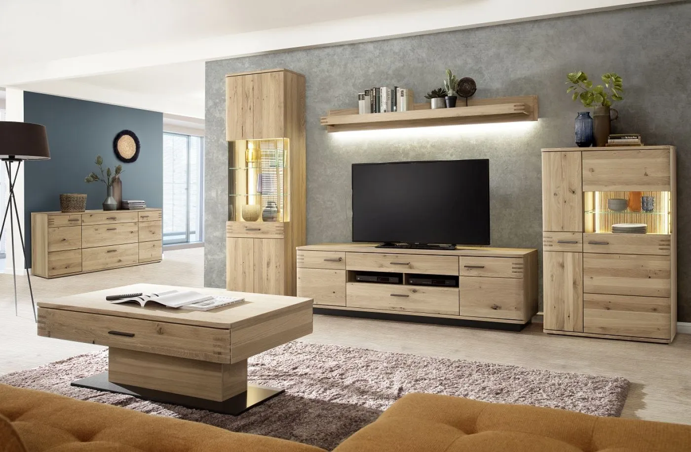 Highboard Salvador klein | Balkeneiche Bianco | LED Beleuchtung