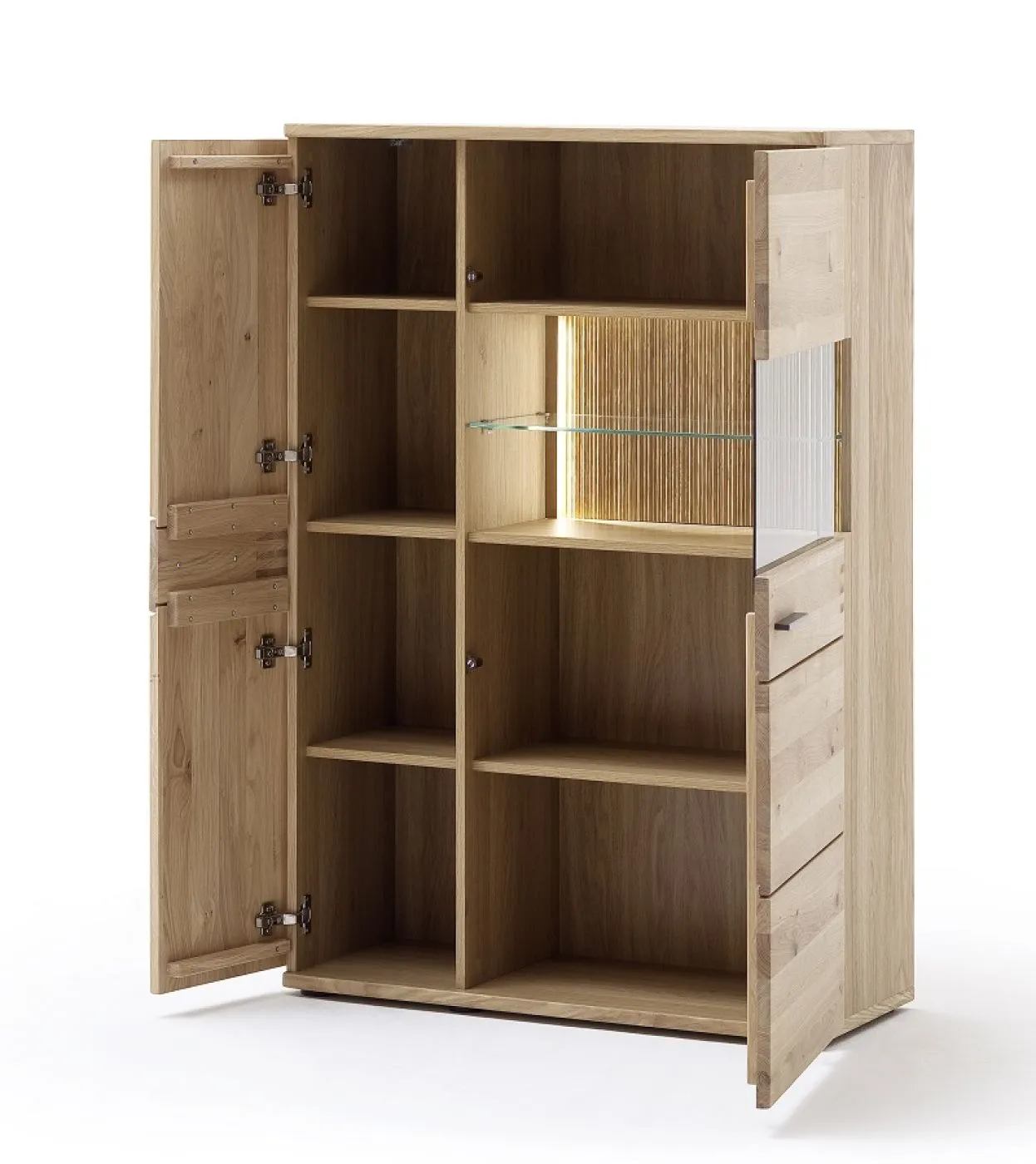 Highboard Salvador klein | Balkeneiche Bianco | mit 2er Set LED Beleuchtung 30 cm