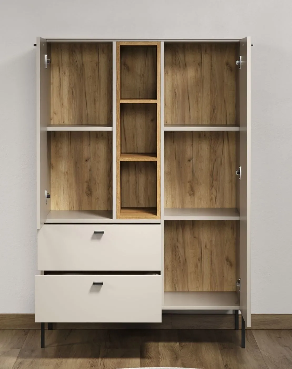 Highboard Sao Paulo, Kaschmir Dekor, Offene Mittelnische mit 3 Böden, 2 Schubkästen unten, Metallfüße – Ansicht 4