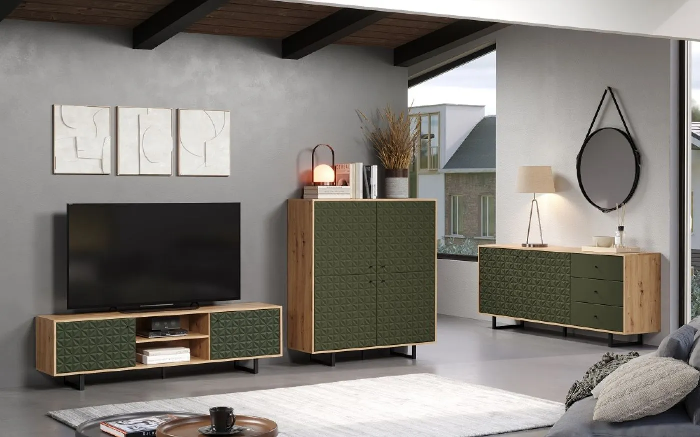 Highboard Sentra | Dark Green / Artisan Eiche