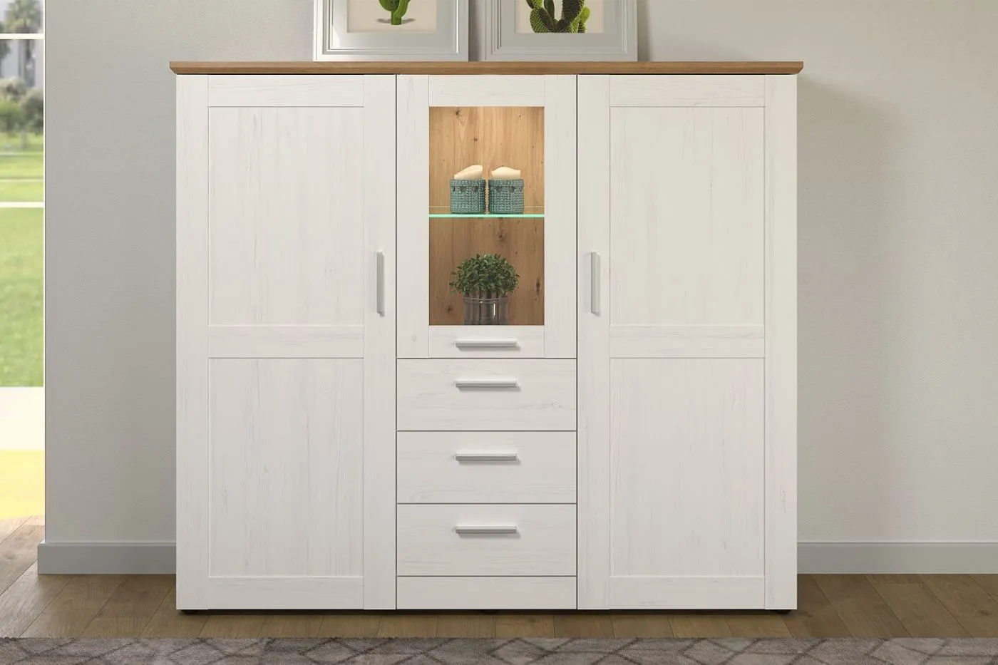 Highboard Shade | Andersen Pinie weiß / Artisan Eiche | Landhausstil | ohne Beleuchtung