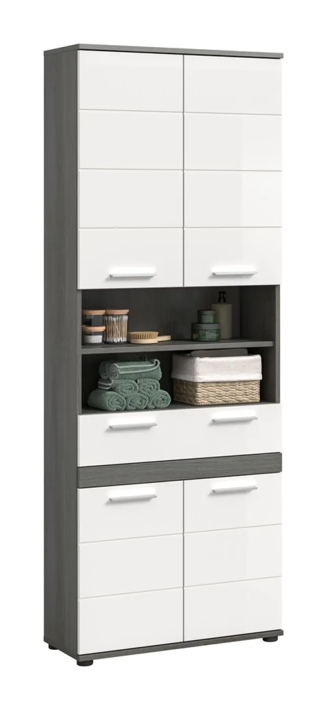 Hochschrank Badschrank Blake | weiß Hochglanz / Rauchsilber