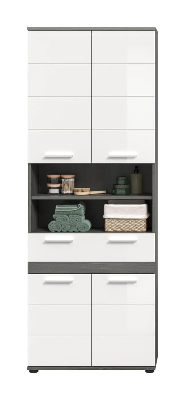 Hochschrank Badschrank Blake | weiß Hochglanz / Rauchsilber