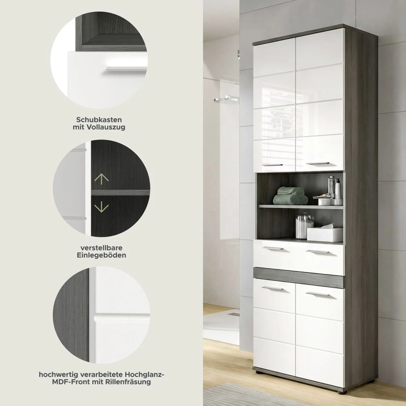 Hochschrank Badschrank Blake | weiß Hochglanz / Rauchsilber
