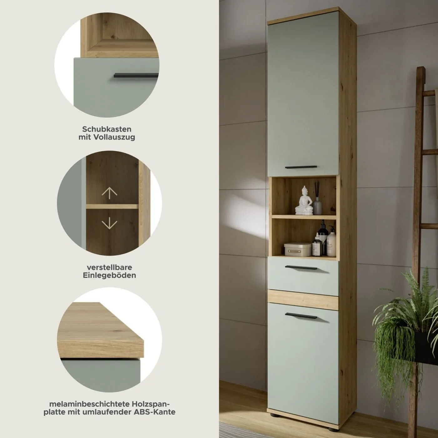Hochschrank Blake | Salbei / Artisan Eiche