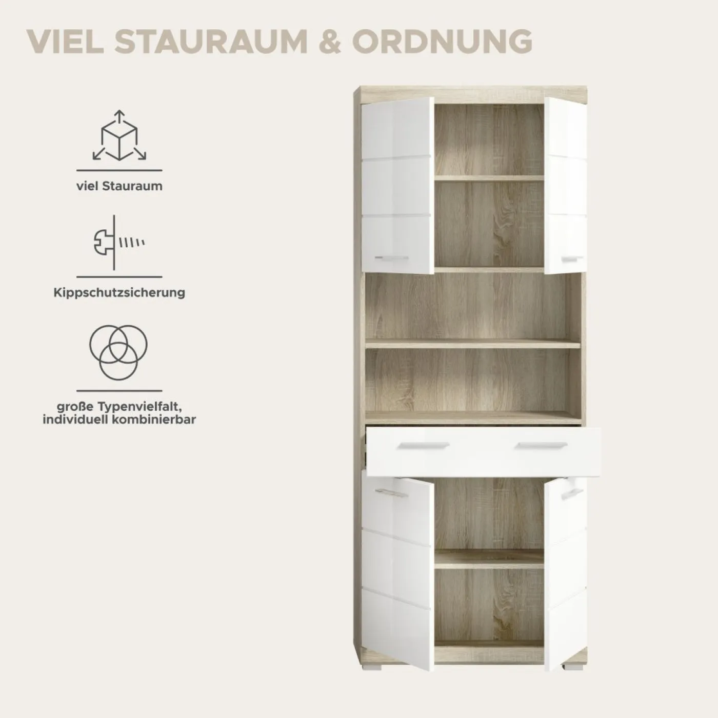 Hochschrank breit Lambada | weiß Hochglanz / Sonoma Eiche