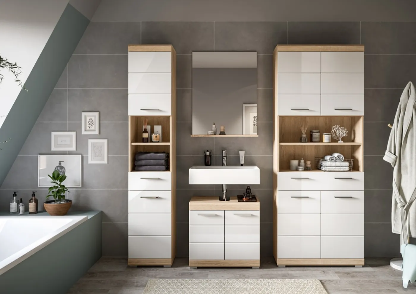 Hochschrank breit Lambada | weiß Hochglanz / Sonoma Eiche