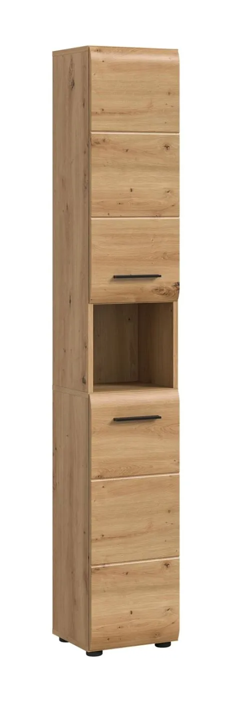 Hochschrank Ice, Artisan Eiche Dekor, Schmaler Hochschrank mit 2 Schubkästen, offenes Fach in der Mitte, Metallgriffe – Ansicht 2