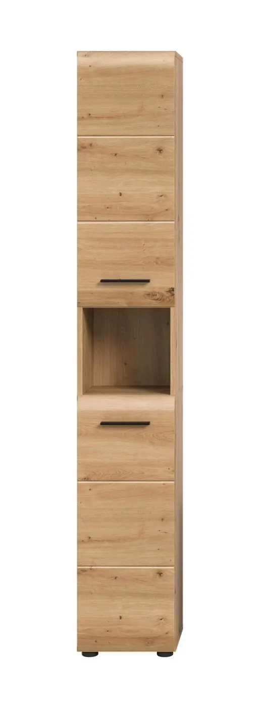 Hochschrank Ice, Artisan Eiche Dekor, Schmaler Hochschrank mit 2 Schubkästen, offenes Fach in der Mitte, Metallgriffe – Ansicht 3