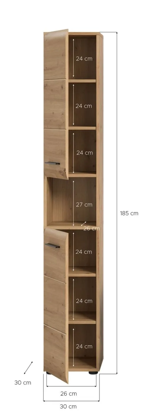 Hochschrank Ice, Artisan Eiche Dekor, Schmaler Hochschrank mit 2 Schubkästen, offenes Fach in der Mitte, Metallgriffe – Ansicht 5