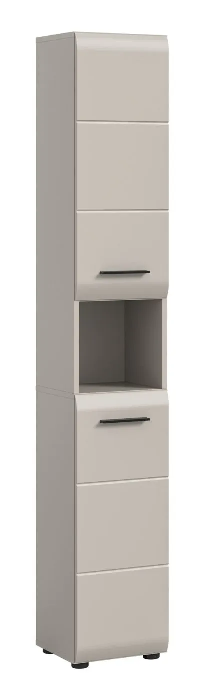 Hochschrank Ice, Kaschmir matt, Schmales Hochregal mit offener Nische, Schubkästen und Griffen – Ansicht 2