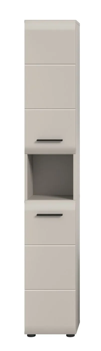 Hochschrank Ice, Kaschmir matt, Schmales Hochregal mit offener Nische, Schubkästen und Griffen – Ansicht 3