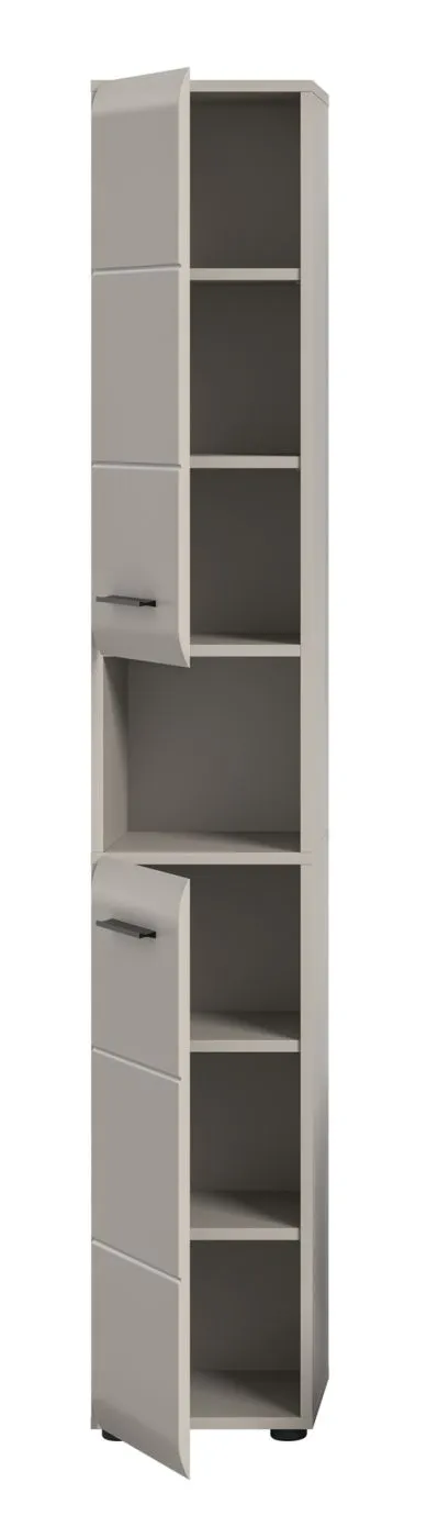 Hochschrank Ice, Kaschmir matt, Schmales Hochregal mit offener Nische, Schubkästen und Griffen – Ansicht 4