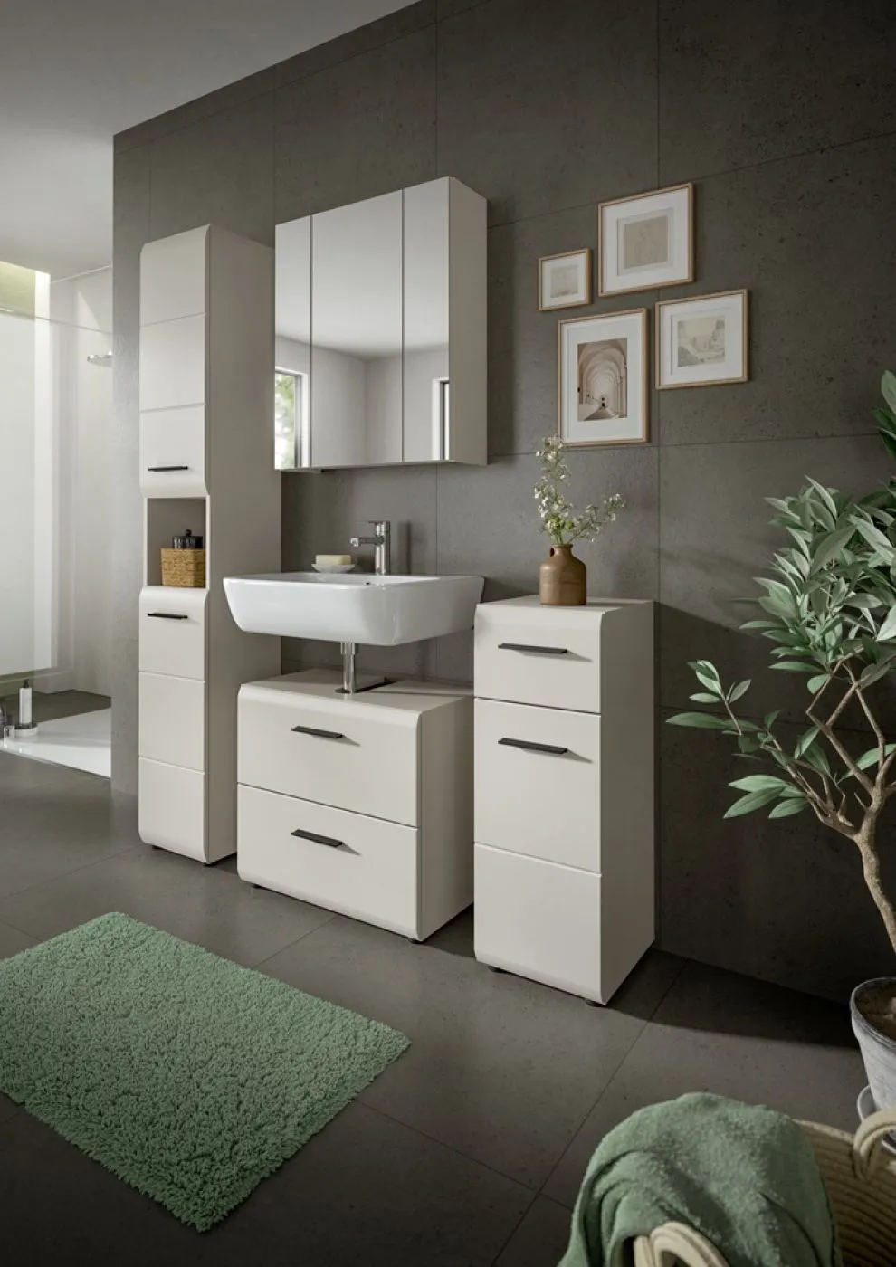 Hochschrank Ice, Kaschmir matt, Schmales Hochregal mit offener Nische, Schubkästen und Griffen – Ansicht 9