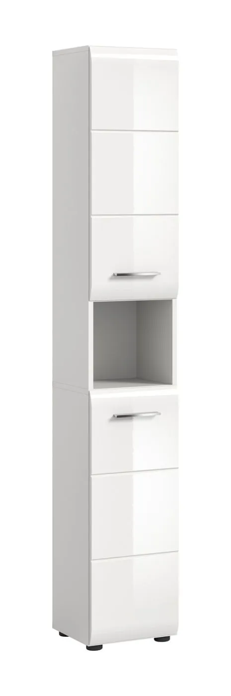 Hochschrank Ice, weiß Hochglanz, Schmaler Hochschrank mit Türen, offenen Fächern und Schubkästen, Metallgriffe – Ansicht 2