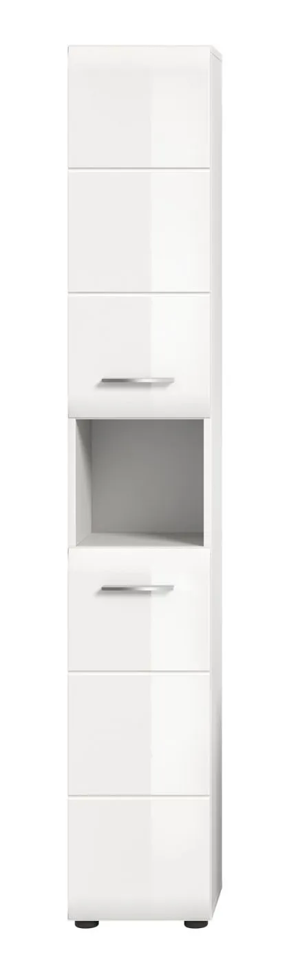 Hochschrank Ice, weiß Hochglanz, Schmaler Hochschrank mit Türen, offenen Fächern und Schubkästen, Metallgriffe – Ansicht 3