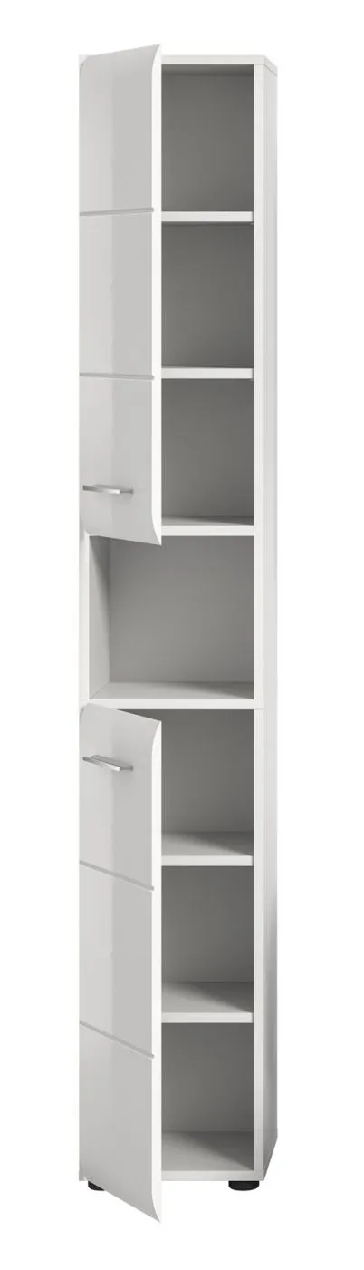 Hochschrank Ice, weiß Hochglanz, Schmaler Hochschrank mit Türen, offenen Fächern und Schubkästen, Metallgriffe – Ansicht 4
