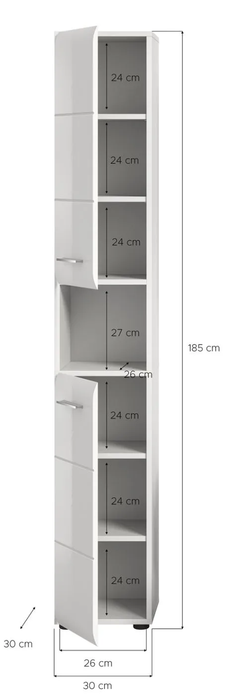Hochschrank Ice, weiß Hochglanz, Schmaler Hochschrank mit Türen, offenen Fächern und Schubkästen, Metallgriffe – Ansicht 5