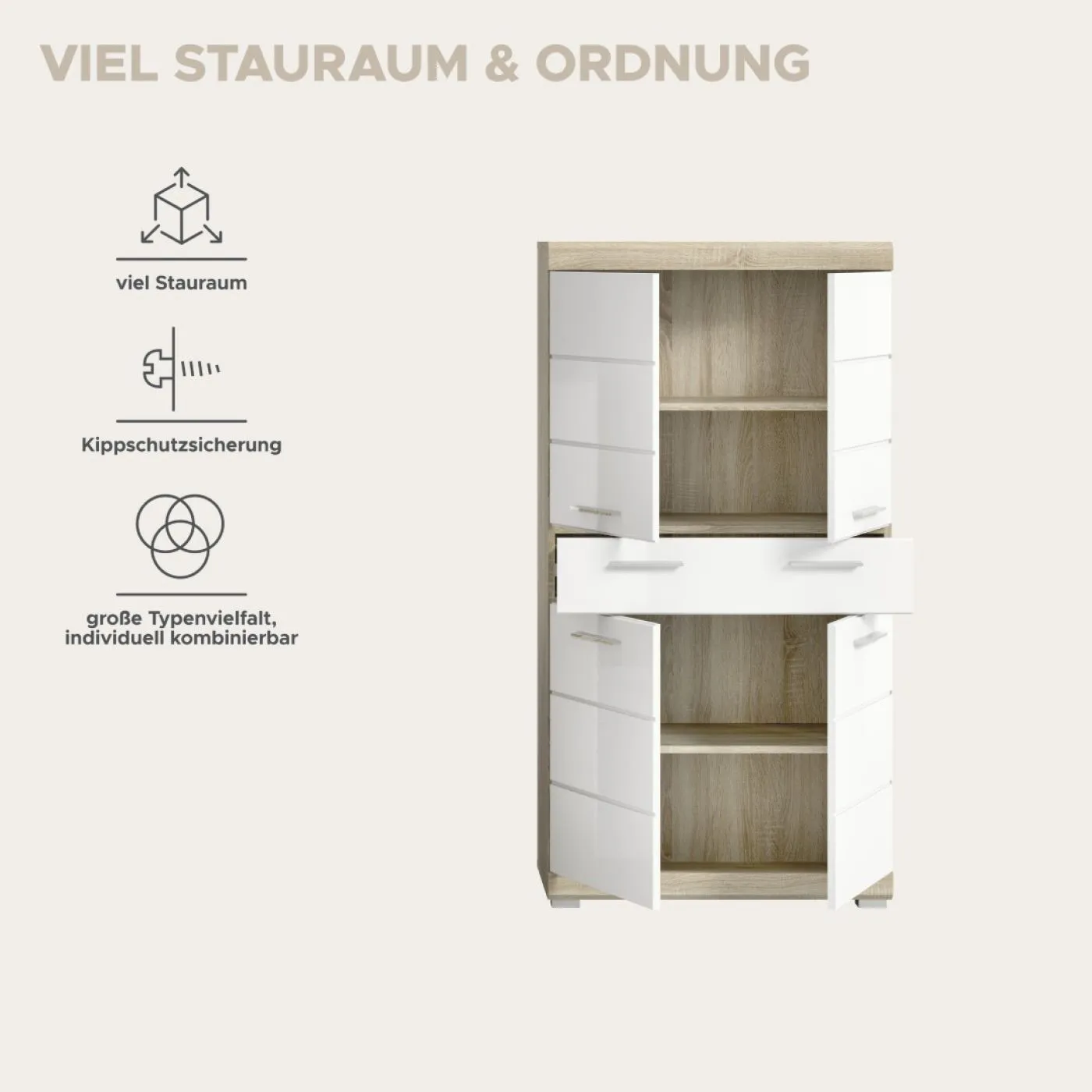 Hochschrank klein Lambada | weiß Hochglanz / Sonoma Eiche