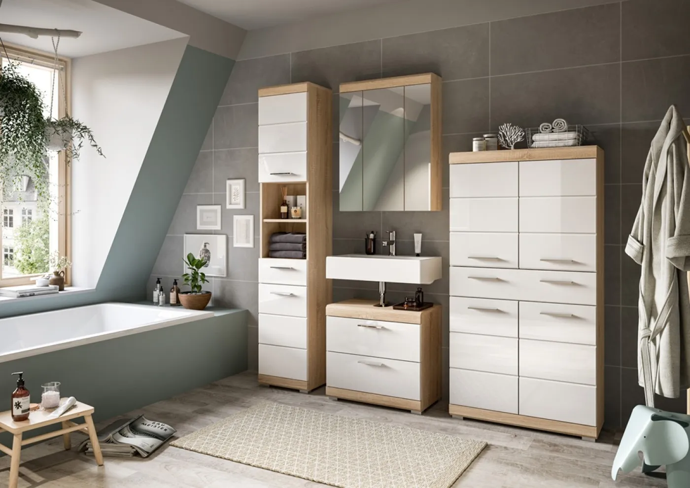 Hochschrank klein Lambada | weiß Hochglanz / Sonoma Eiche