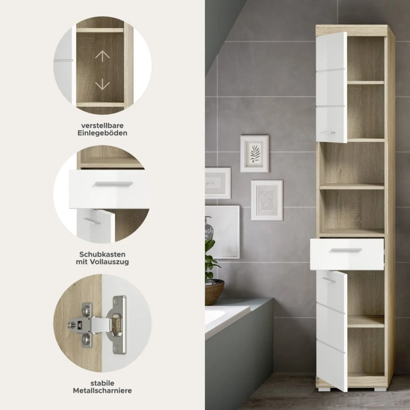 Hochschrank Lambada | weiß Hochglanz / Sonoma Eiche hell