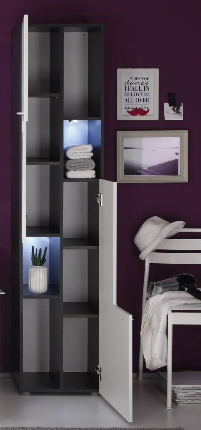 Hochschrank Tetis Bad | weiß Hochglanz / Graphit grau
