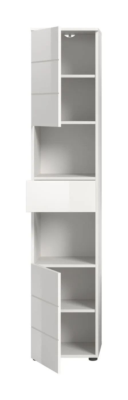 Hochschrank Vira, weiß Hochglanz, Seitenansicht mit 2 offenen Fächern, Schubladen und Türen – Ansicht 4