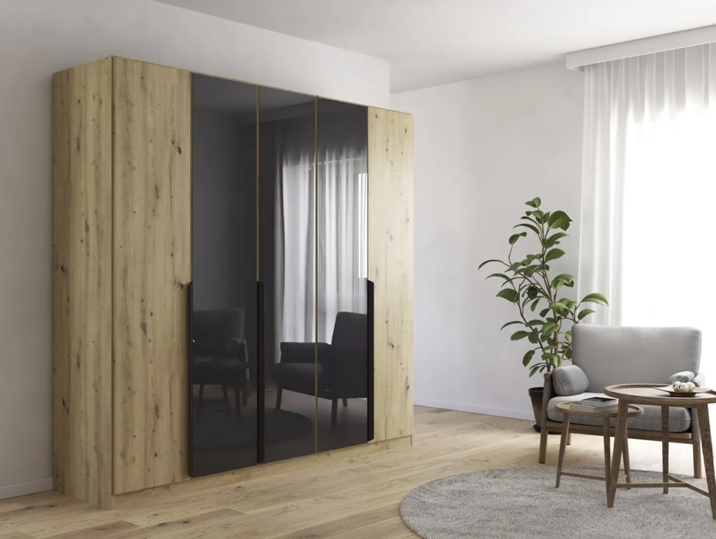 Kleiderschrank Drehtürenschrank Artemis | mit Glastüren | Eiche Artisan / basalt grau | verschiedene größen