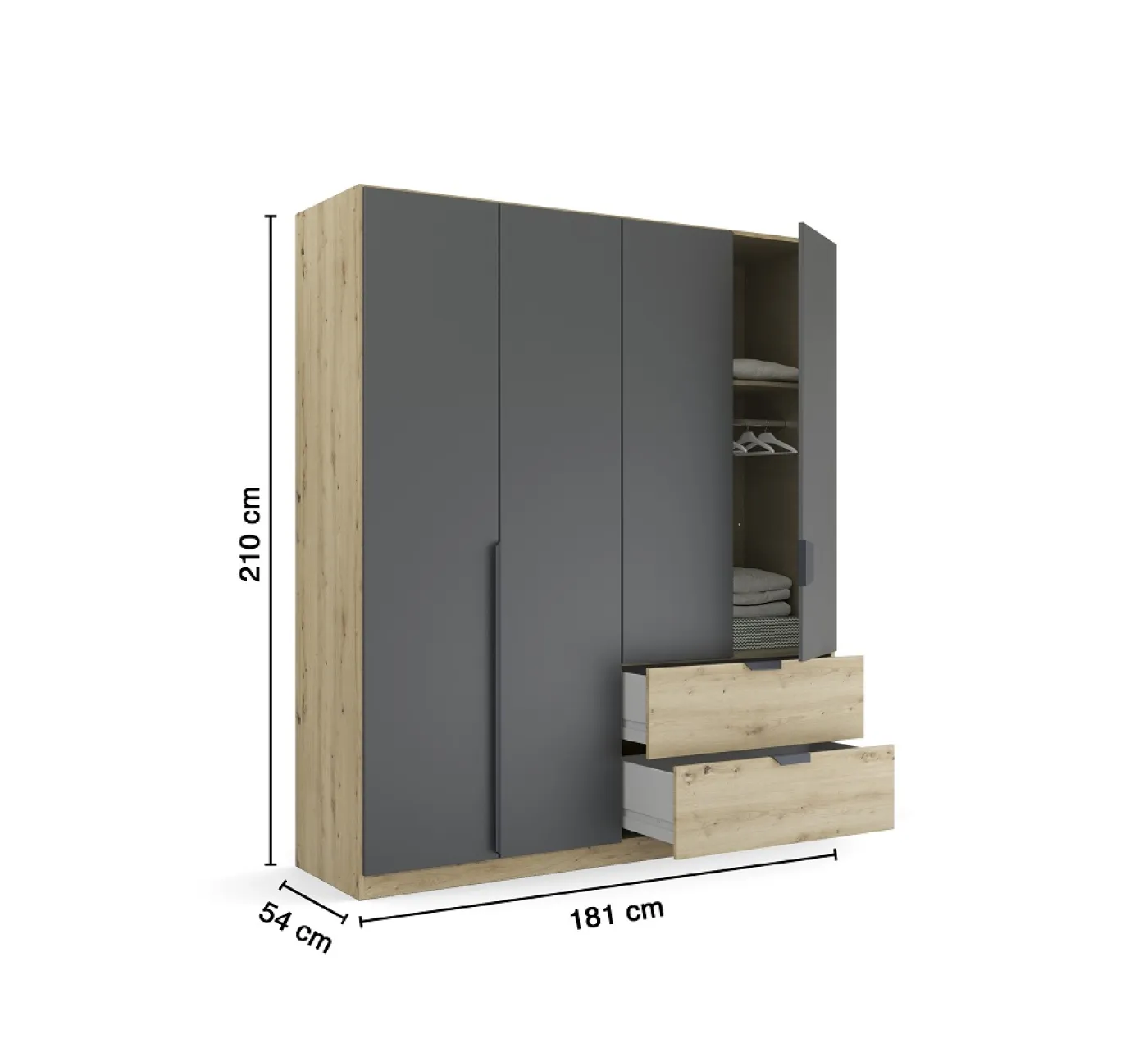 Kleiderschrank Drehtürenschrank Dark&Wood | 4-türig | mit Schubkästen | grau metallic / Eiche Artisan | 181x210