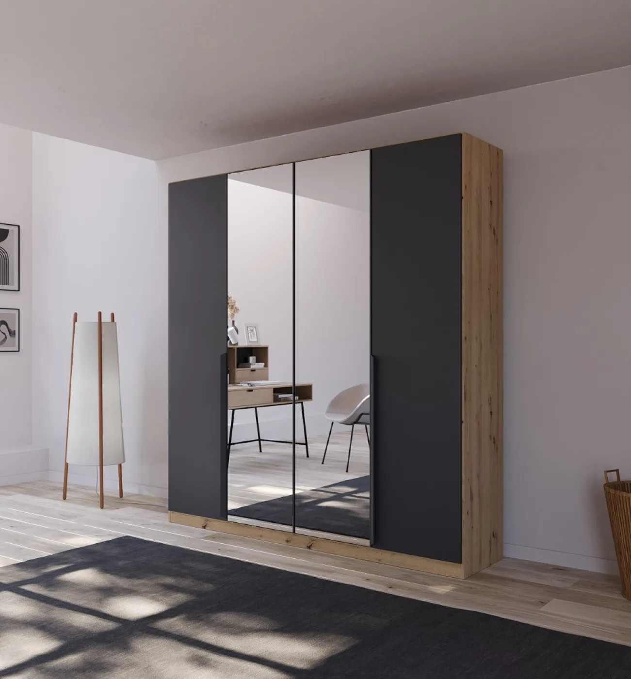 Kleiderschrank Drehtürenschrank Dark&Wood | 4-türig | mit Spiegeltüren | grau metallic / Eiche Artisan | 181x210