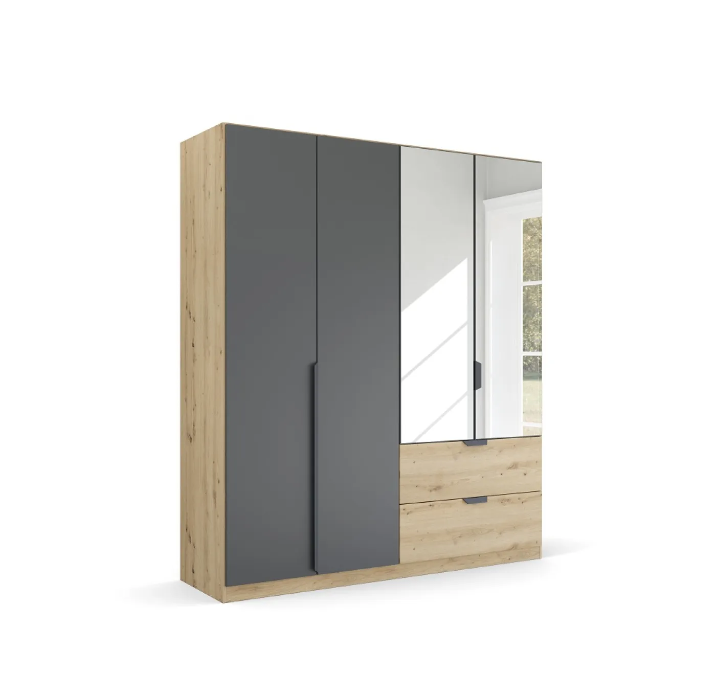 Kleiderschrank Drehtürenschrank Dark&Wood | 4-türig | mit Spiegeltüren & Schubkästen | grau metallic / Eiche Artisan | 181x210