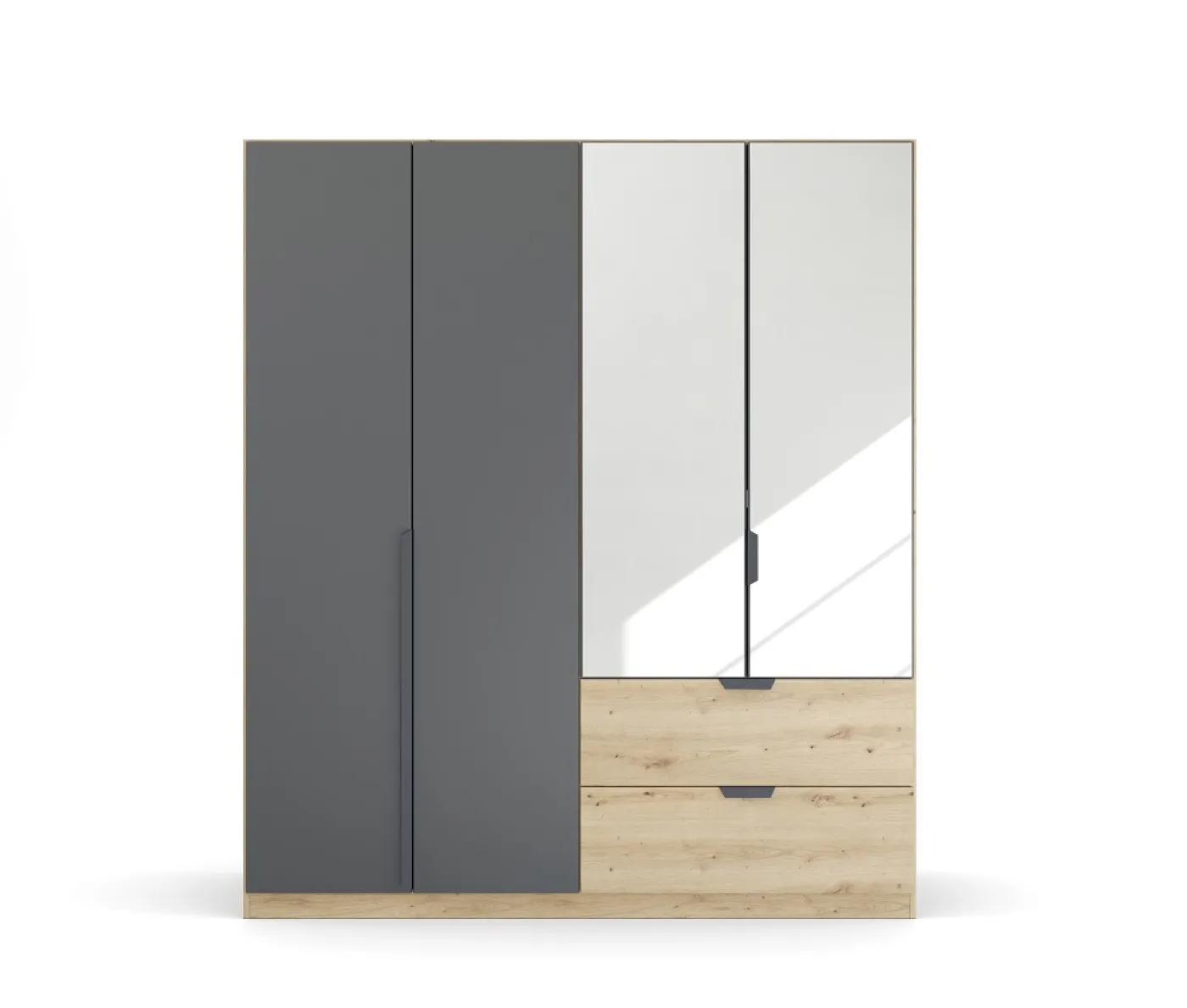 Kleiderschrank Drehtürenschrank Dark&Wood | 4-türig | mit Spiegeltüren & Schubkästen | grau metallic / Eiche Artisan | 181x210