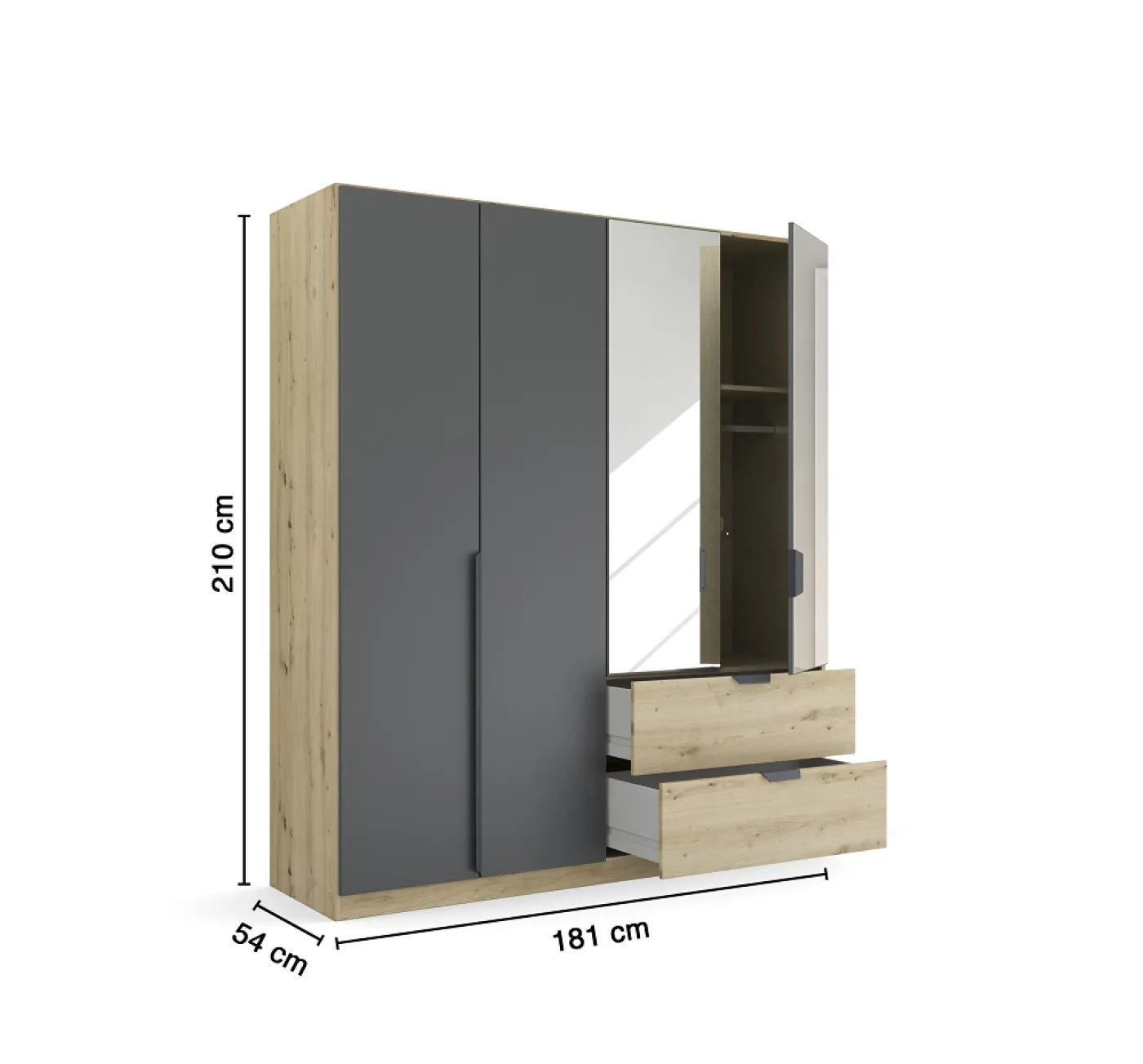 Kleiderschrank Drehtürenschrank Dark&Wood | 4-türig | mit Spiegeltüren & Schubkästen | grau metallic / Eiche Artisan | 181x210