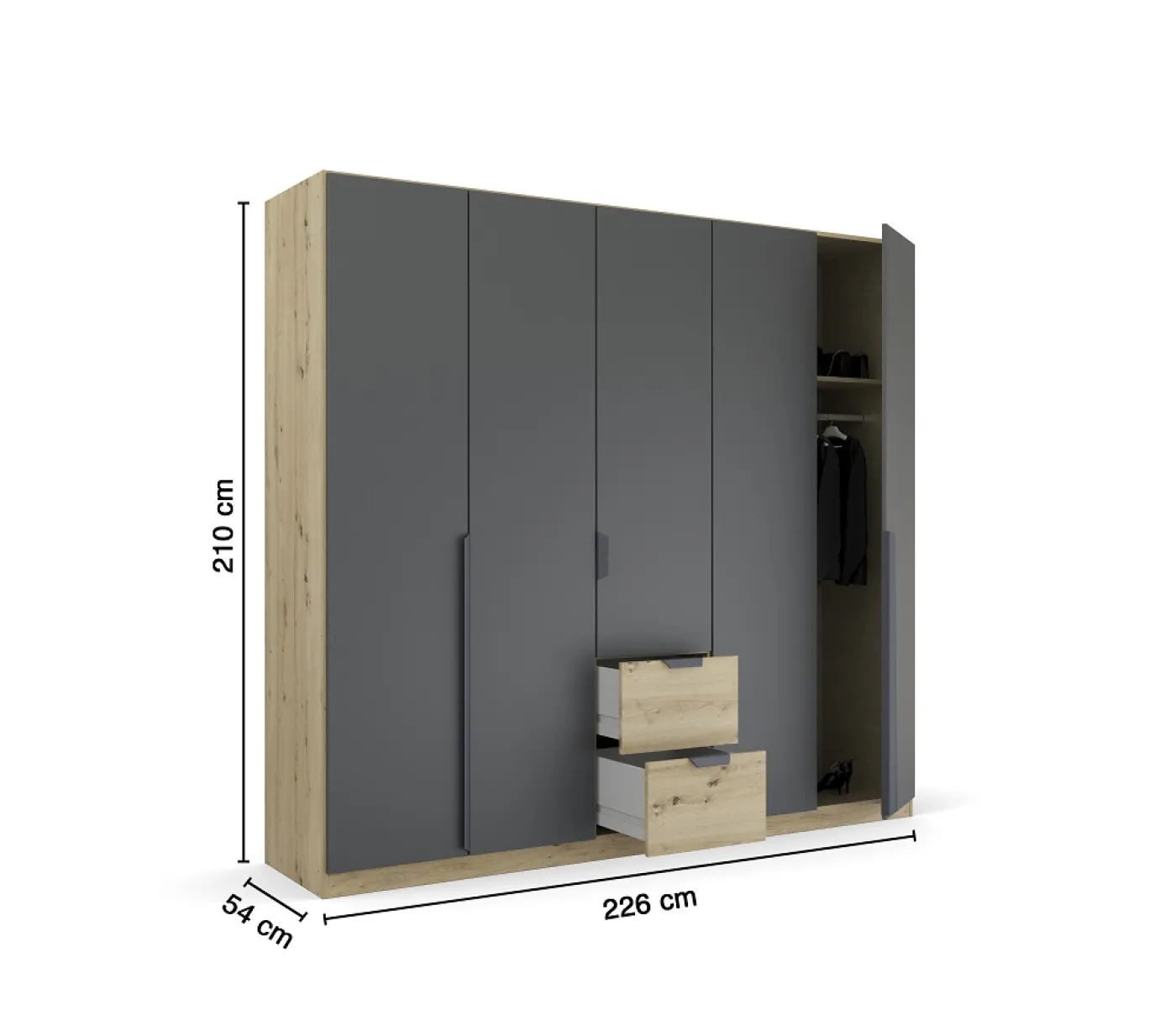 Kleiderschrank Drehtürenschrank Dark&Wood | 5-türig | mit Schubkästen | grau metallic / Eiche Artisan | 226x210