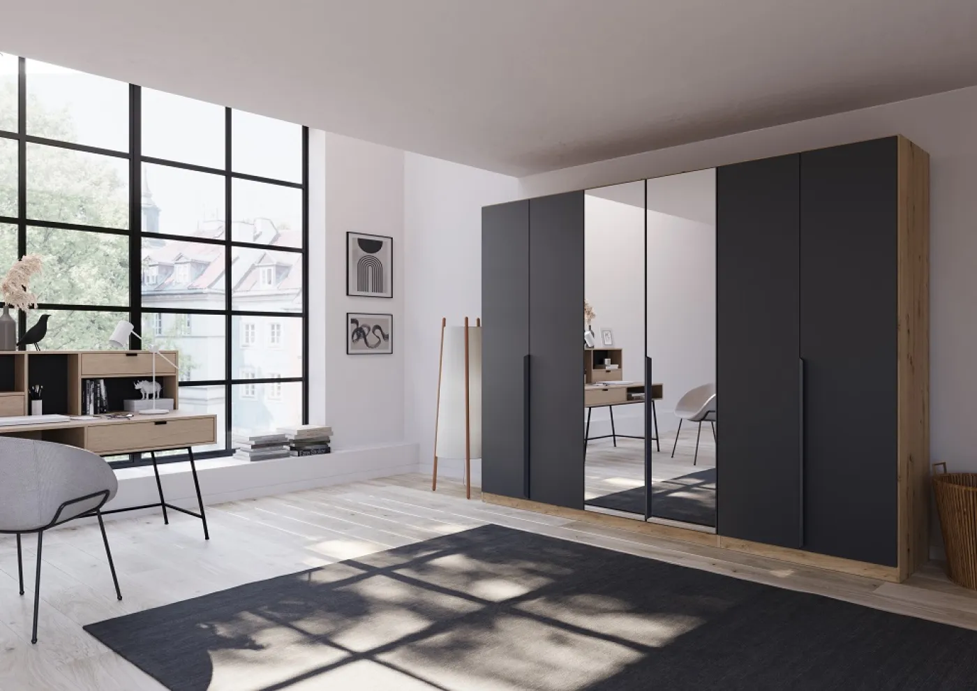Kleiderschrank Drehtürenschrank Dark&Wood | 5-türig | mit Spiegeltüren | grau metallic / Eiche Artisan | 226x210