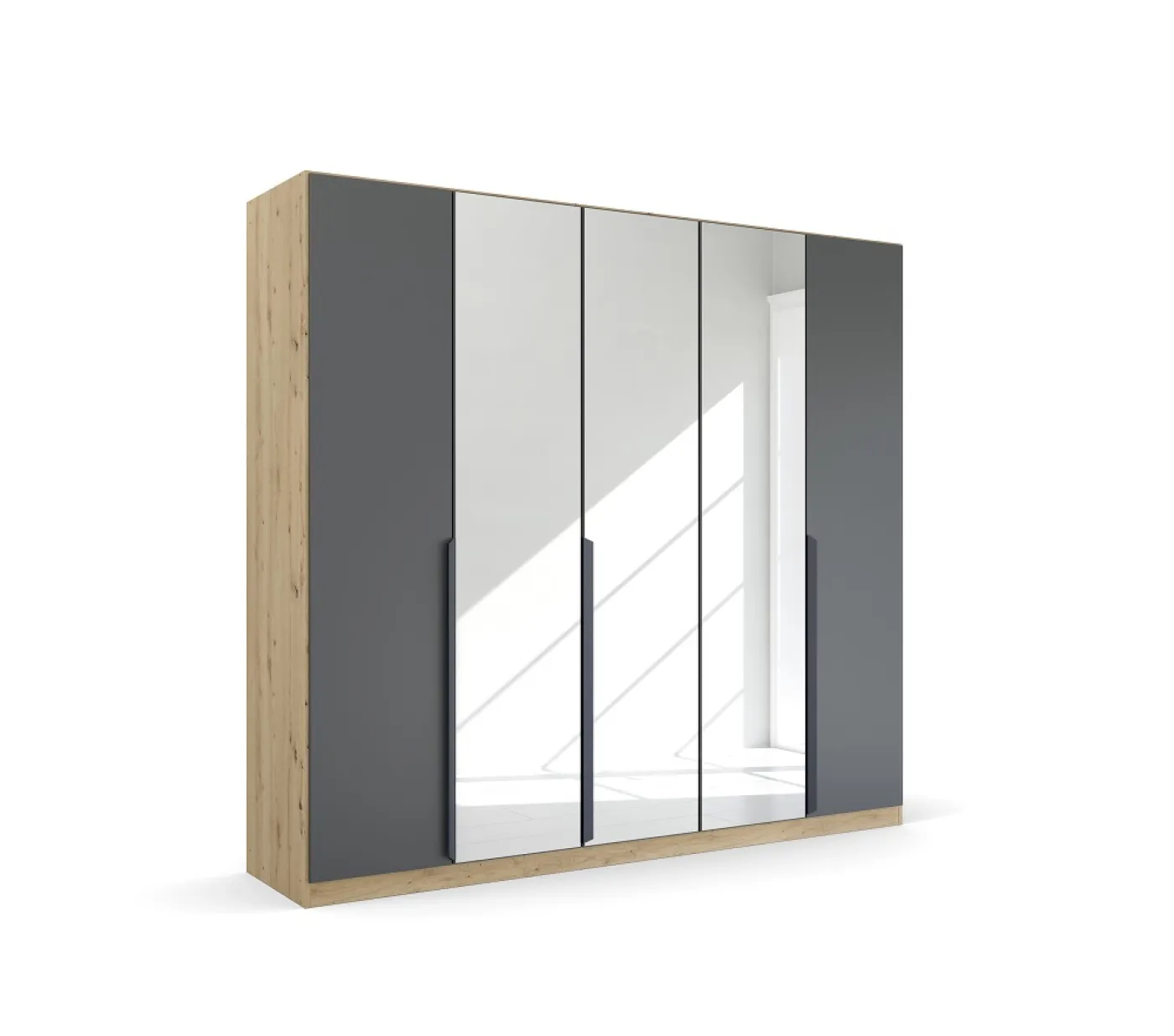 Kleiderschrank Drehtürenschrank Dark&Wood | 5-türig | mit Spiegeltüren | grau metallic / Eiche Artisan | 226x210